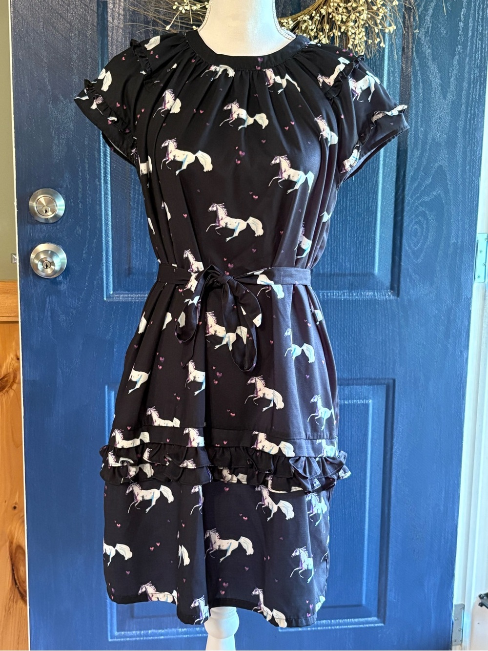 Frock Shop Black Unicorn Print Dress w/ Alternate Fabric Belt size XL